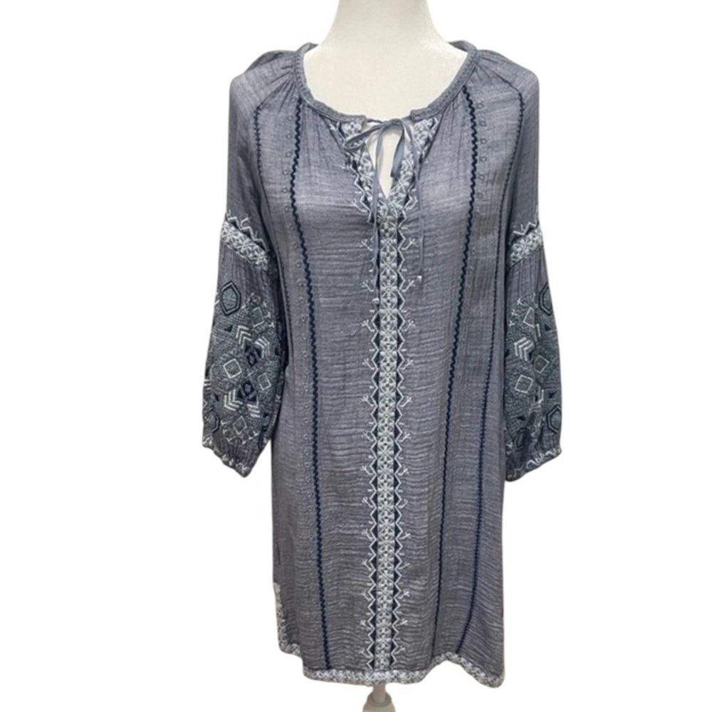 Johnny Was Blue Gauzy Embroidered Cotton Blend Lightweight Mini‎ Dress- XS